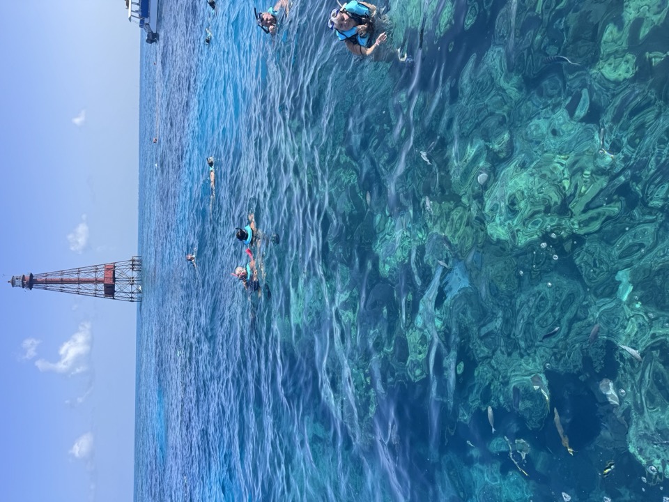 Snorkelers floating over a vibrant coral reef with the Sombrero Reef lighthouse behind them